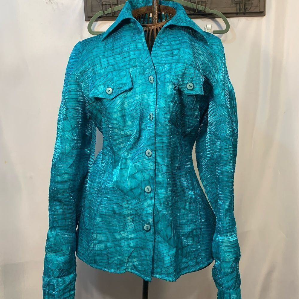 Vintage Erin London Teal Button Up Collard Blouse